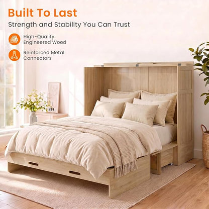 CECER Queen Murphy Bed with Mattress for Guest/Small Space-Natural Wood | Built-in Multi-Port Charging Station ＆ Large Storage Drawer，Space Saving ＆ Easy Assemble and Conversion