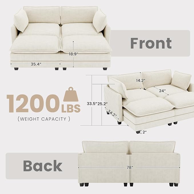 78'' Modular Sectional Cloud Couch with 2 Movable Ottoman, 4 Seat Comfy Modern Corduroy Sofa with 2 Throw Pillows, Deep Seat Sleeper Couch for Living Room Bedroom Apartment, Beige