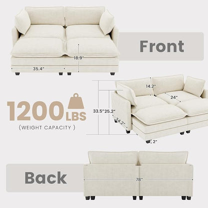 78'' Modular Sectional Cloud Couch with 2 Movable Ottoman, 4 Seat Comfy Modern Corduroy Sofa with 2 Throw Pillows, Deep Seat Sleeper Couch for Living Room Bedroom Apartment, Beige