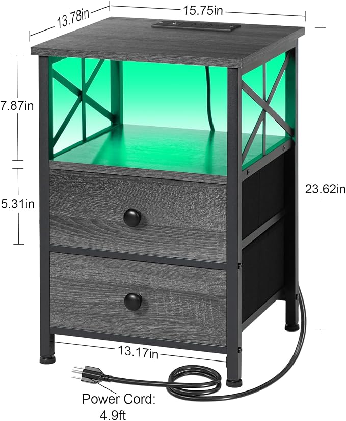 AMHANCIBLE Night Stand Set of 2 with Charging Station and LED Lights, Large 2-Drawer Bedside Tables with USB Ports and AC Outlets, Modern Nightstand for Bedroom, Dark Grey HET052LDG