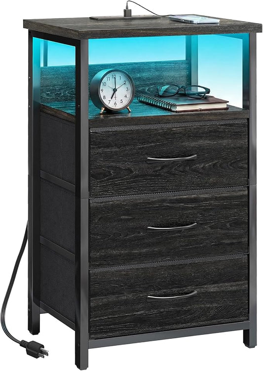 Fixwal Night Stand with Charging Station, LED Nightstand with Fabric Drawers, End Table with PU Finish, Bed Side Table, Black Oak