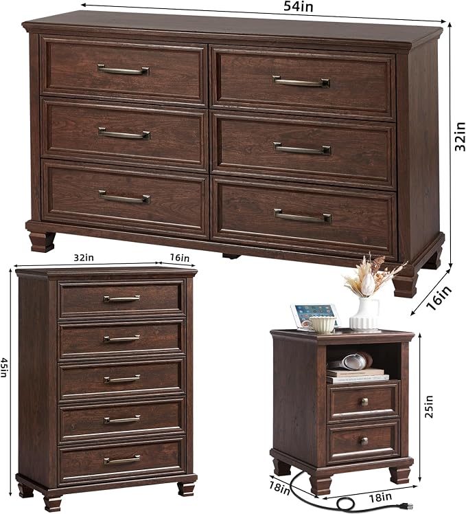 SAVOR LIFE Farmhouse Bedroom Dresser and Nightstand Sets 4 Piece, 5/6 Drawer Dresser & 2 Drawer Nightstand Set for Home, Bedroom, Hallway, Walnut