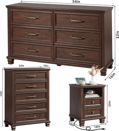 SAVOR LIFE Farmhouse Bedroom Dresser and Nightstand Sets 4 Piece, 5/6 Drawer Dresser & 2 Drawer Nightstand Set for Home, Bedroom, Hallway, Walnut