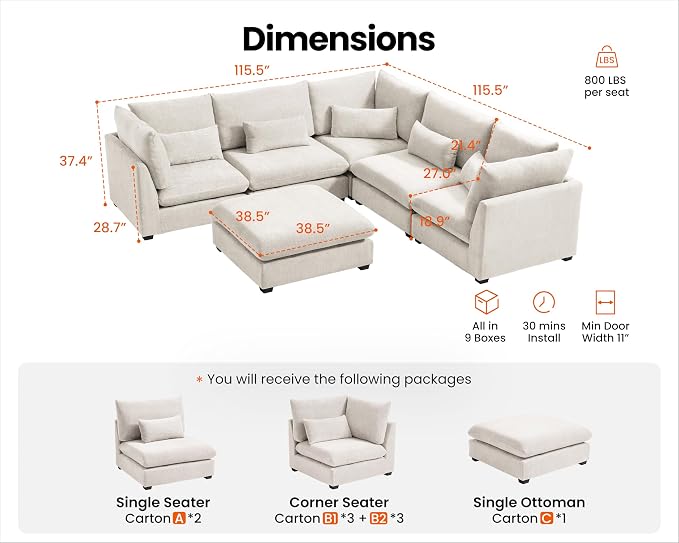 115" Oversized Chenille Couch Modular Sectional Sofa, Washable Cloud Couch Sectional with Ottoman, 6 Seater Sectional Couches for Living Room, Fully Cover Removable, V Shaped & Corner, Chenille, White
