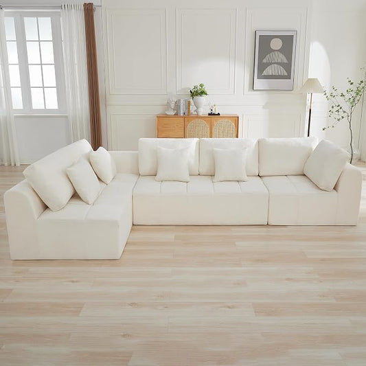 140''Cloud Boneless Couches for Living Room, Modular Sectional Compressed Sectional Sofa, Oversized L Shaped 5 Seater Upholstered Memory Foam Sofa, No Assembly, Chenille Beige