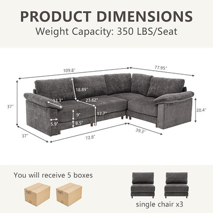 Oversized Modular Cloud Couch with Removable Washable Cover, L -Shaped Sectional for Large Living Room, Plush Chenille & Deep Seat（Grey）