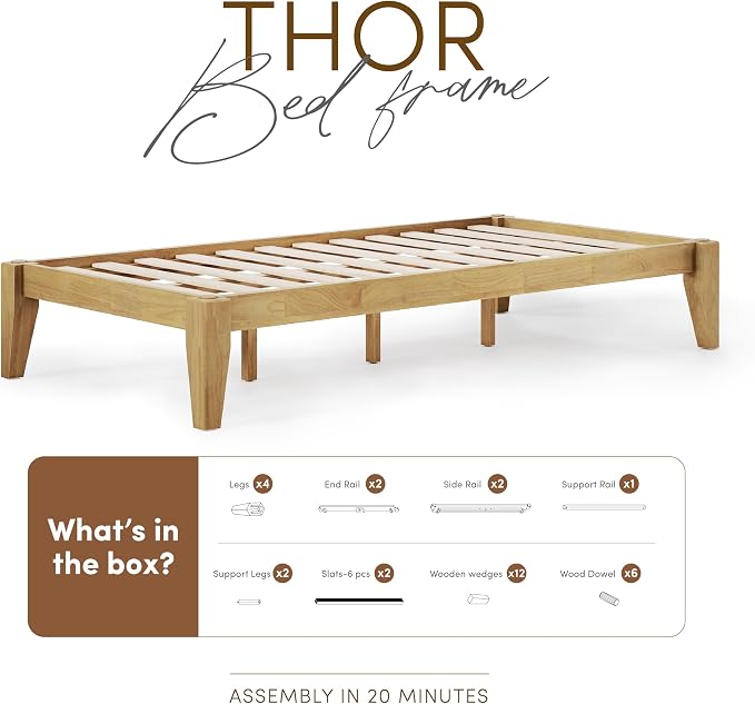 Thor Premium Solid Wood Bed Frame Twin XL, Japanese Joinery Bed Frame, Wood Slat Support, Platform Bed, No Box Spring Needed, Easy Assembly, Minimalist & Modern Style (Light Brown)
