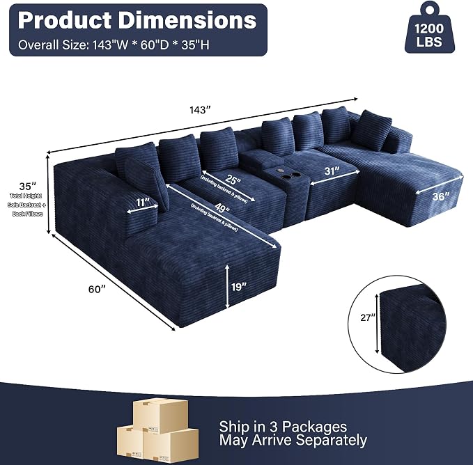 143" Oversized U Shaped Cloud Sectional Couches for Living Room, Comfy Fluffy Corduroy Blue Boneless Couch, Large Modular Sectional Sofa Set with Chaise, Cup Holder, USB Port, Storage Console