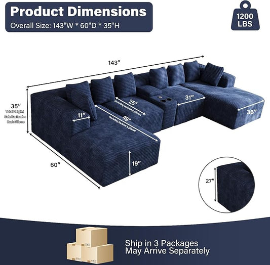143" Oversized U Shaped Cloud Sectional Couches for Living Room, Comfy Fluffy Corduroy Blue Boneless Couch, Large Modular Sectional Sofa Set with Chaise, Cup Holder, USB Port, Storage Console