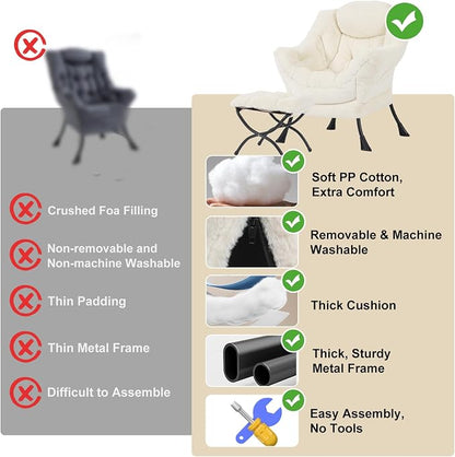 Furlide Lazy Chair with Ottoman, Modern Accent Chair with Armrests and a Side Pocket, Plush Beige Accent Chairs, Reading Chairs, Oversized Armchairs for Bedroom, Study, Living Room, Courtyard