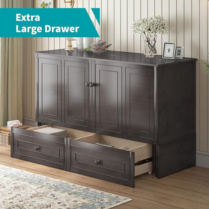 BALUS Queen Size Murphy Bed Cabinet with Tri-Fold Memory Foam Mattress, USB Charging Station, Cabinet Murphy Beds with Storage Drawer, Guest Wall Bed for Living Room Home Office, Grey