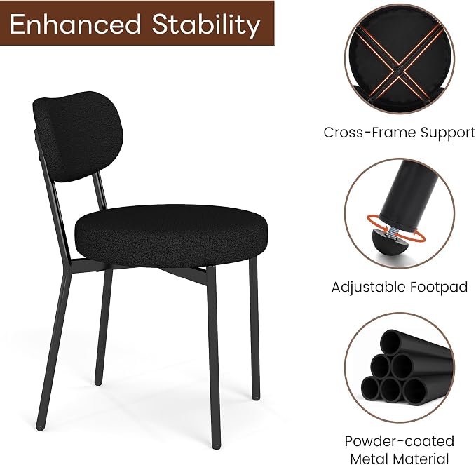 KROFEM Set of 2 Boucle Fabric Dining Chairs,Black | Mid-Century Style Comfort Sponge Filled Seat Back Dining Room Chairs for Kitchen Dining Table
