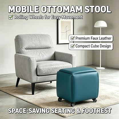 5 in 1 Nesting Ottoman Cube Chair, Stackable Stools, Leather Square Ottoman Bench, Foot Stool with Wheels for Living Room,Dining Room 15.75x15.75x16.54 inches