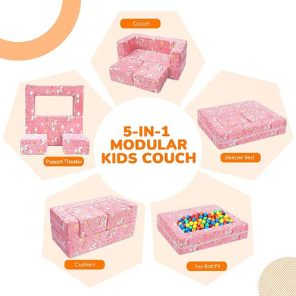 MeMoreCool Colorful Unicorn Glow-in-the-Dark Kids Play Couch, Modular Toddler Couch that Folds Out to Bed, Convertible Foam Loveseat for Girls Bedroom and Playroom