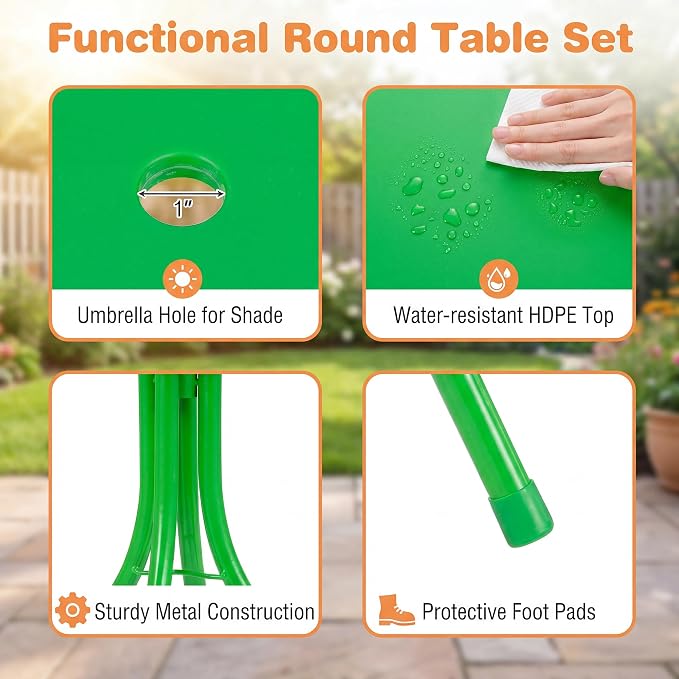 HONEY JOY Kids Picnic Table, Animal Themed Toddler Outdoor Table and Chair Set, 2 Folding Chairs & Removable Umbrella, Children Outdoor Furniture for Backyard Patio Garden (Green Lion)