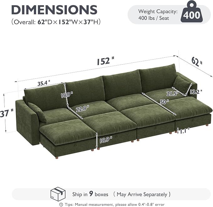Ihanherry 152" Oversized Modular Sectional Sofa, Modern Cloud Couch with 4 Storage Ottoman, 8-Seat Comfy Chenille Deep Seat Sofa with 2 Pillows for Living Room, Green