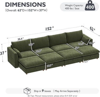 Ihanherry 152" Oversized Modular Sectional Sofa, Modern Cloud Couch with 4 Storage Ottoman, 8-Seat Comfy Chenille Deep Seat Sofa with 2 Pillows for Living Room, Green