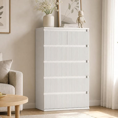 Jocoevol Fluted 6 Drawer Dresser for Bedroom, Modern Wood Chest of Drawers, Tall Storage Dresser with Deep Drawers, Handleless Floor-Standing Dresser for Bedroom, Living Room, Entryway, White