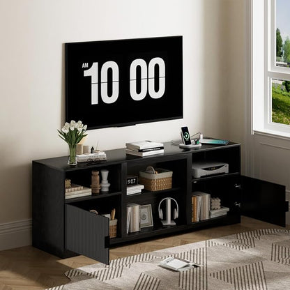 Fluted TV Stand for Tvs up to 80",Mid Century Modern TV Stand with Open Adjustable Shelf,Entertainment Center Wood TV Media Console with Cord Holes for Living Room Furniture Bedroom,Black