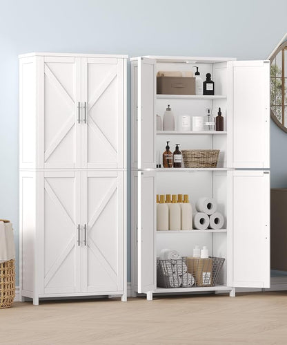 Akxomel Tall Bathroom Storage Cabinet, 11 x 22.8 x 63 Inches, Floor Cabinet with Barn Doors, Adjustable Shelf, Linen Pantry Cabinet for Kitchen, Laundry Room, Living Room, Entryway, White