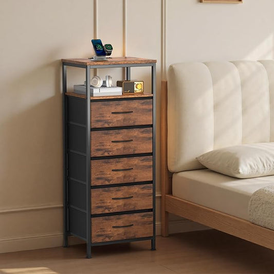 Sweetcrispy Nightstand with Charging Station, Dimmable LED Light Strip, 5 Fabric Storage Drawers, USB-C & AC Outlets, Sturdy Adjustable Feet, Modern Multifunctional Bedside Table, Brown