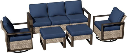 Outdoor Patio Swivel Rocker Chairs, 5 Pieces Wicker Furniture Set, 2 Swivel Rocking Chairs, 1 Sofa and 2 Ottoman, Metal Wide Armrest, Thick Cushions and Deep Seating for Garden, Backyard, Porch, Deck