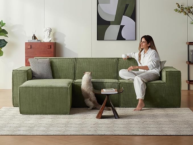 LINSY HOME Modular Sectional Sofa, 105" Boneless Couch L Shaped 3-Seat Sofa with Ottoman, Corduroy Sectional Cloud Couches for Living Room, No Assembly Required, Green