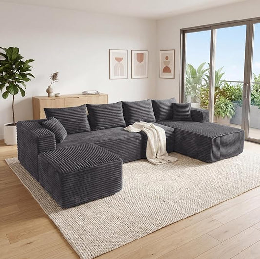 118" Modular Sectional Sofa with Chaise and Ottoman, Oversized U-Shaped Corduroy Cloud Couch, Deep Seat Boneless Couch for Living Room, No-Assembly - Grey (Right Facing Chaise)
