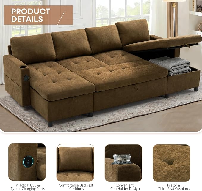 110" U-Shape Reversible Sectional Sofa Bed w/USB Port, Light Brown | Upholstered Sleeper Couch w/Adjustable Backrest and Storage Chaises, Chenille Modern Sofa w/Pull-Out Bed for Living Room