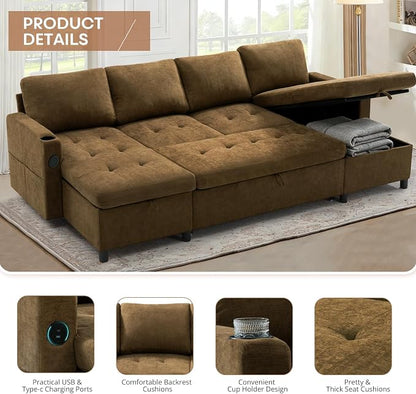 110" U-Shape Reversible Sectional Sofa Bed w/USB Port, Light Brown | Upholstered Sleeper Couch w/Adjustable Backrest and Storage Chaises, Chenille Modern Sofa w/Pull-Out Bed for Living Room