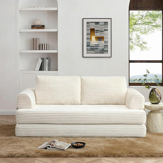 HANXIN 80 Inch Convertible Sleeper Sofa Bed, High Back Plush Corduroy Folding Floor Mattress Couch with Fixed-Shape Frame, Boneless Futon Loveseat with Pull Out Bed, No Assembly Required (Beige)