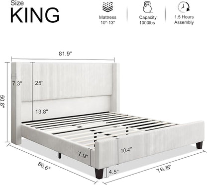 HOWE King Size Bed Frame with 50.8 Inch Corduroy Wingback Headboard, White | Modern Upholstered Platform Bed, 50.8 Inch Tall Profile, Solid Wood Slats, No Box Spring Needed, Noise-Reducing Designrt