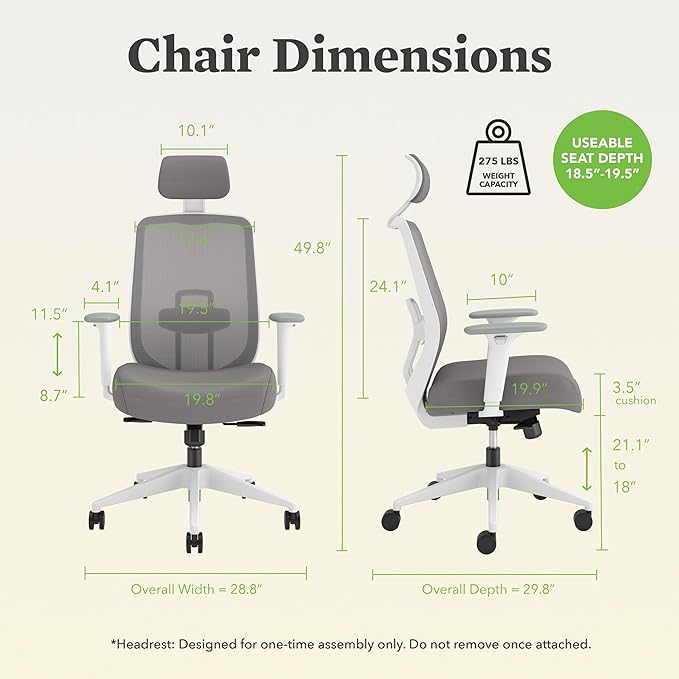 HON Altern Ergonomic Office Chair with Headrest, Mid‑Back Mesh Desk Chair, Adjustable Arms, Seat Slide, Synchro‑Tilt, Rolling Computer Seat for Home Office, White Frame, Black
