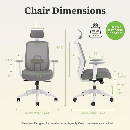 HON Altern Ergonomic Office Chair with Headrest, Mid‑Back Mesh Desk Chair, Adjustable Arms, Seat Slide, Synchro‑Tilt, Rolling Computer Seat for Home Office, White Frame, Black