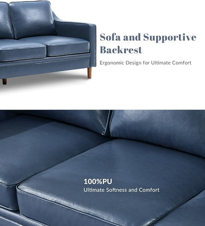 Kingfun 80" Faux Leather Sofa, 3 Seater Couch, Mid Century Modern Couches with Solid Wood Legs for Living Room Bedroom