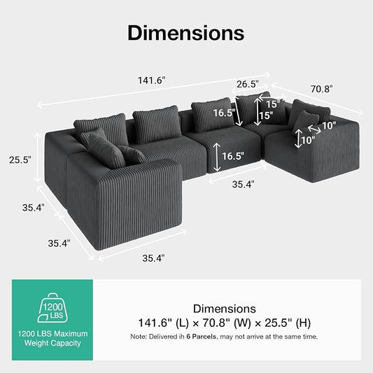 Novilla 141" Modular Sectional Sofa, Modern Cloud Sectional Couch with Smarts Coil® Support, U-Shape Upholstered Boneless Couch for Living Room Apartments, No Assembly Required, Dark Gray (6 Seat)