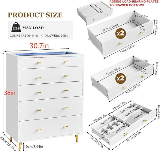 Closet Island with Drawers, Glass Top, Closet Island with LED Lights, Jewelry Dresser Display and Bedroom Island & Walk-in Closet Island for Bedroom, Cloakroom, White