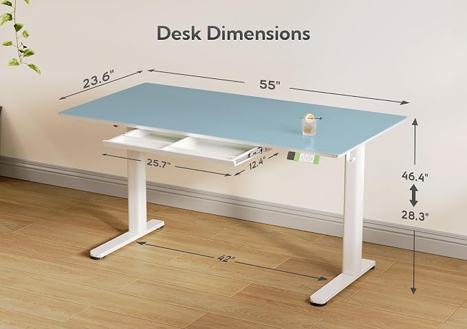 INNOVAR Glass Standing Desk with Drawers, Adjustable Height Stand Up Desk, Electric Standing Desks with Storage, 55 inch, Morandi Blue