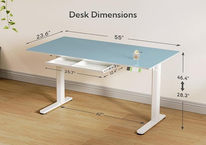 INNOVAR Glass Standing Desk with Drawers, Adjustable Height Stand Up Desk, Electric Standing Desks with Storage, 55 inch, Morandi Blue