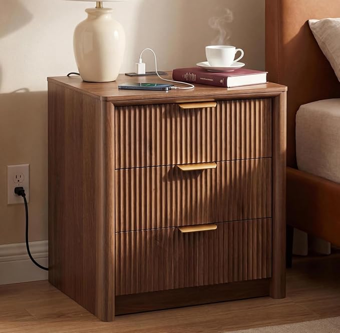 LYNCOHOME 23" Fluted Nightstand with Charging Station, 3 Drawer Bedside Table, Modern Night Stand with Curved Edge Design, Wooden End Table for Bedroom, Rounded Night Stand with Storage, Walnut, Brown