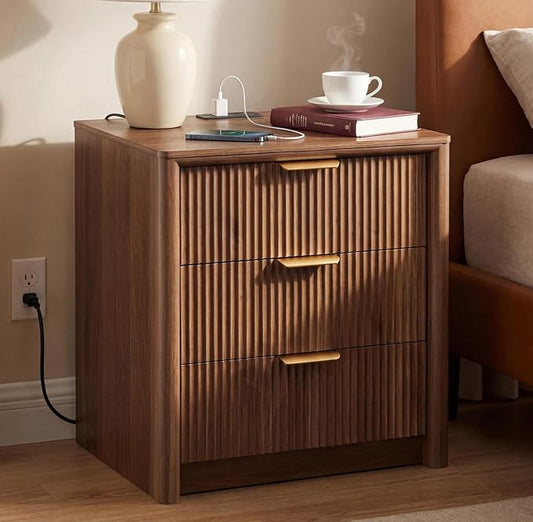 LYNCOHOME 23" Fluted Nightstand with Charging Station, 3 Drawer Bedside Table, Modern Night Stand with Curved Edge Design, Wooden End Table for Bedroom, Rounded Night Stand with Storage, Walnut, Brown
