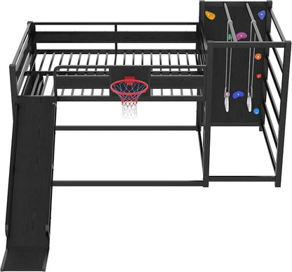 Harper & Bright Designs Floor Bunk Bed with Built-in Bookshelves and Basketball Hoop, Full Over Full Metal Bunk Bed with Slide, Climbing Wall, Pull-Up Rings for Sports Enthusiasts, Black