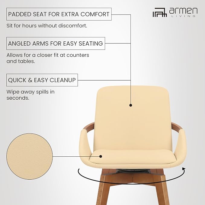 Armen Living Baylor Mid Century Modern Swivel Bar Stool for Kitchen Island Counter in Cream Faux Leather and Walnut Wood, 26" Seat Height