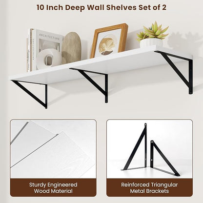 Axeman Deep Floating Shelves | 40 Inch White Wall Shelves Set of 2 | 10 Inch Deep Rustic Wood Shelves for Wall | 40'' W x 10''D White Shelves for Living Room Bathroom Kitchen