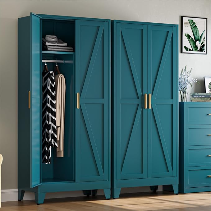 COFaR Metal Armoire Wardrobe Closet with Doors and Shelves & Hanging Rod, 71" Tall Freestanding Wardrobe Storage Cabinet, Bedroom Armoires,Steel Wardrobe Cabinet for Cloak Room,Laundry Room,Gym,Green