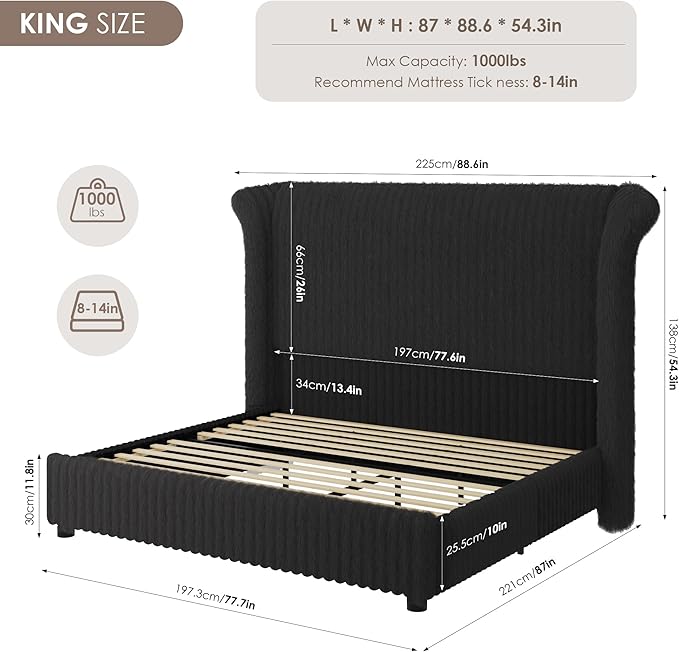 Keyluv King Bed Frame with 54.3” Tall Faux-Fur Wingback Headboard, Upholstered Platform Bed with LED Light, Mattress Foundation with Solid Wooden Slats Support, No Box Spring Needed, Noise-Free, Black