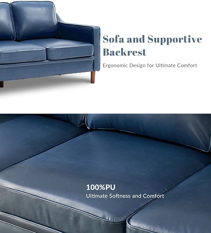 Kingfun 80" Faux Leather Sofa, 3 Seater Couch, Mid Century Modern Couches with Solid Wood Legs for Living Room Bedroom