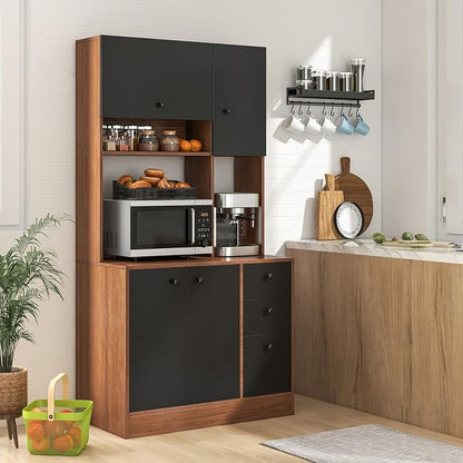 Giantex Kitchen Pantry, Buffet Hutch with 3 Storage Cabinet, 71'' Floor Large Cupboard with 3 Deep Drawers, Wide Countertop, Adjustable Shelves, Tall Sideboard (Walnut & Black)