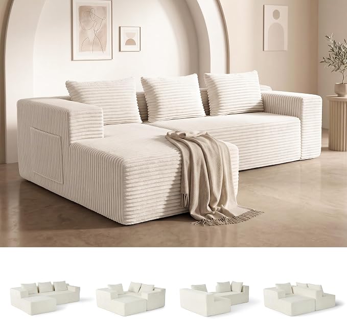 Modular Sectional L-Shaped Sofa with Deep Seat, Modern Boneless Comfy Corduroy Fluffy Couch with Side Pockets and Anti-Slip & Floor-Friendly Bottom for Living Room, No Assembly, White