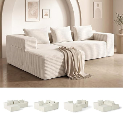 Modular Sectional L-Shaped Sofa with Deep Seat, Modern Boneless Comfy Corduroy Fluffy Couch with Side Pockets and Anti-Slip & Floor-Friendly Bottom for Living Room, No Assembly, White